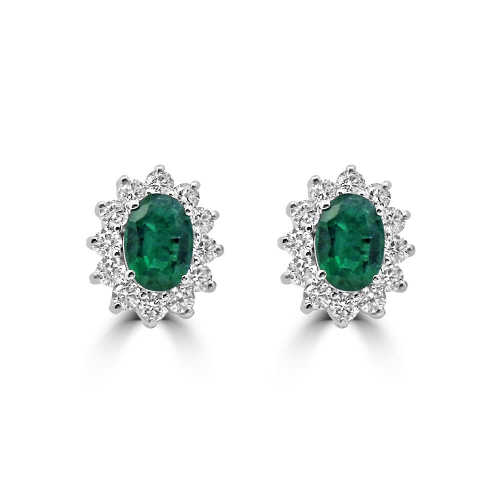 18ct White Gold Emerald and Diamond Cluster Earrings