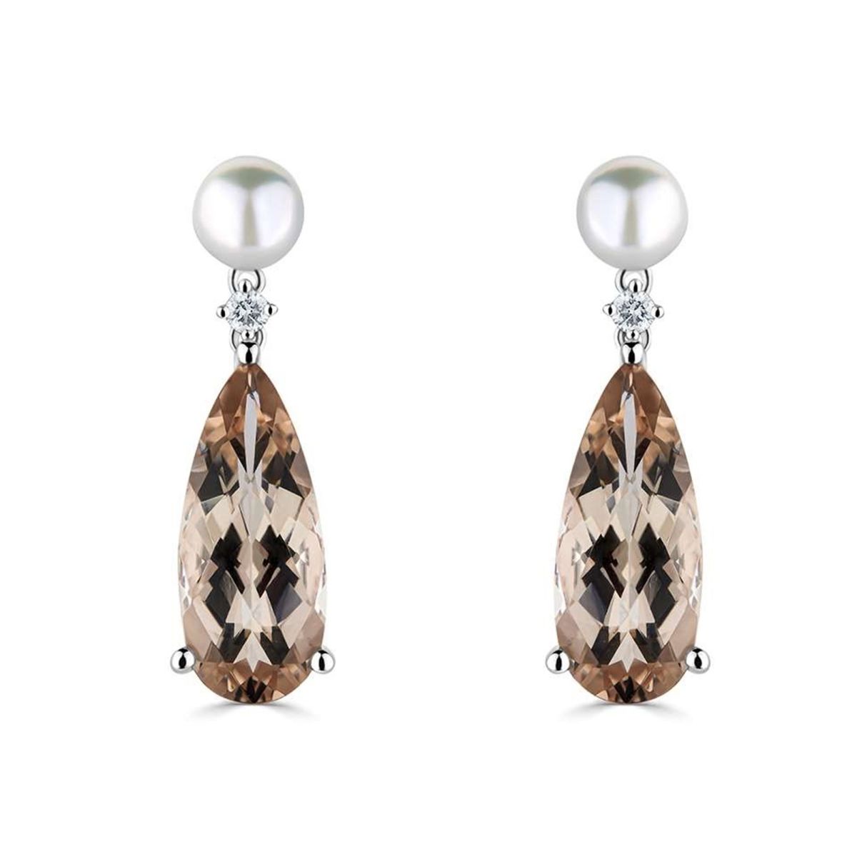 18ct White Gold Morganite, Pearl & Diamond Drop Earrings