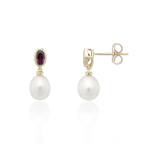 9ct Yellow Gold Garnet & Cultured Pearl Drop Earrings