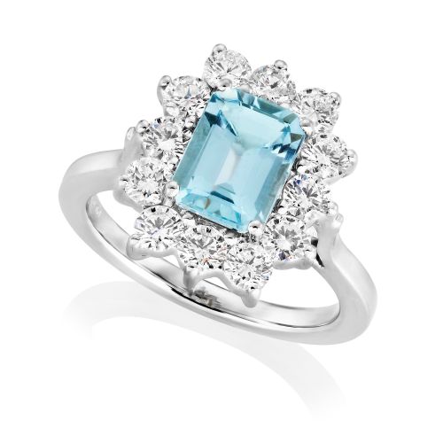 18ct White Gold Aquamarine and Diamond Cluster Ring