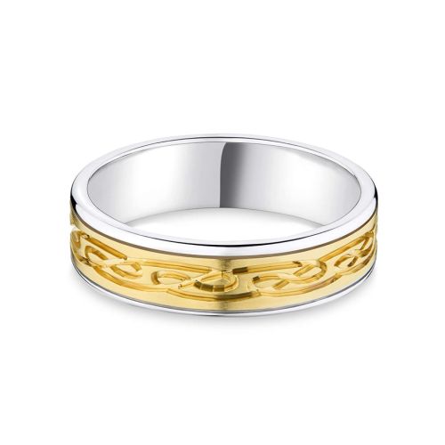 Two Tone Bi-Colour Wedding Band Featuring a Celtic Inspired Yellow Gold Design